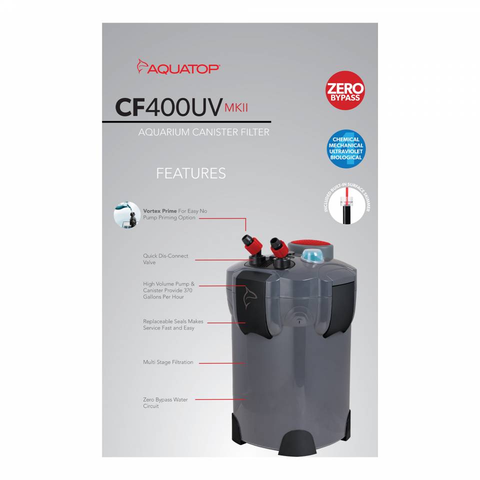 AQUATOP CF-400UVMKII 4-Stage 370 GPH Canister Filter w/ Vortex Prime & 9W UV